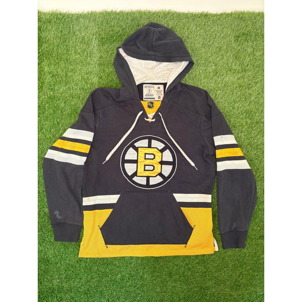 CCM Boston Bruins NHL Lace Up Hoodie Mens Medium Black Yellow Jersey Pullover